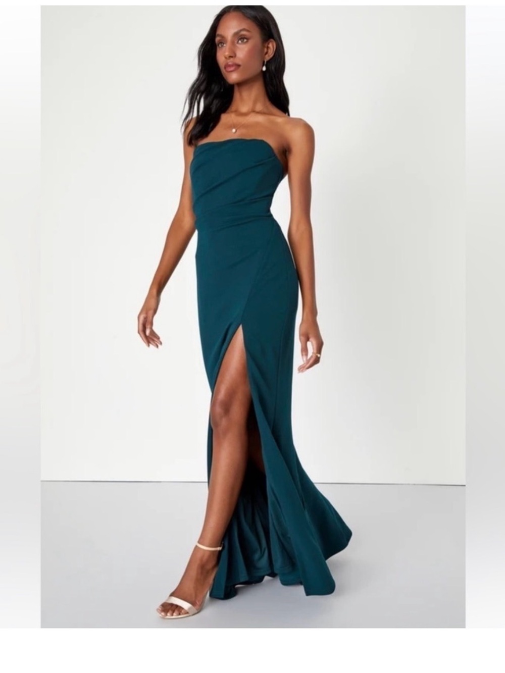 Lulus Marvelous Entrance Emerald Green Pleated Strapless Maxi Dress Size Small